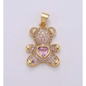 18k Yellow Gold Pink Diamond Pink Ruby Heart Cute Teddy Bear 18 Inch Necklace